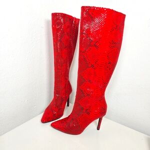 INC International Rajel Red Snake Print Knee High Stiletto Boots Size 6
